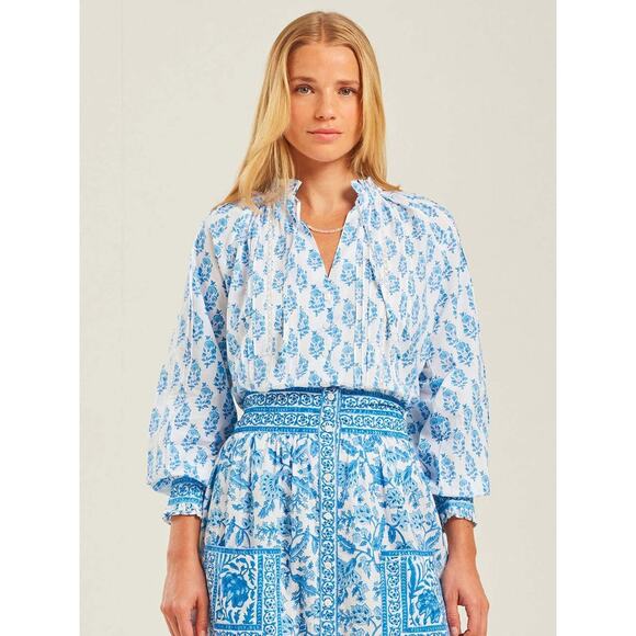 PINK CITY PRINTS Ocean Zinna Helena Blouse Blue Size XXS - Picture 3 of 9